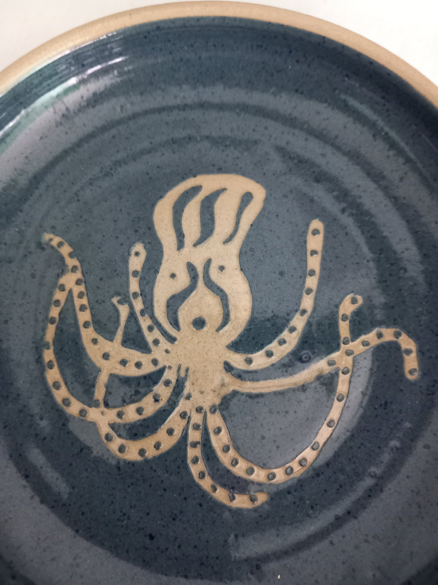 Studio Pottery Hand Made Bowl Octopus Design Blue Glaze Signed Grimwood 20.5cm