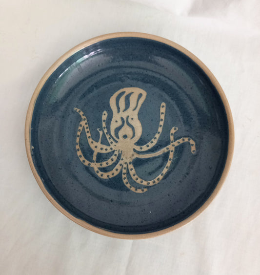Studio Pottery Hand Made Bowl Octopus Design Blue Glaze Signed Grimwood 20.5cm