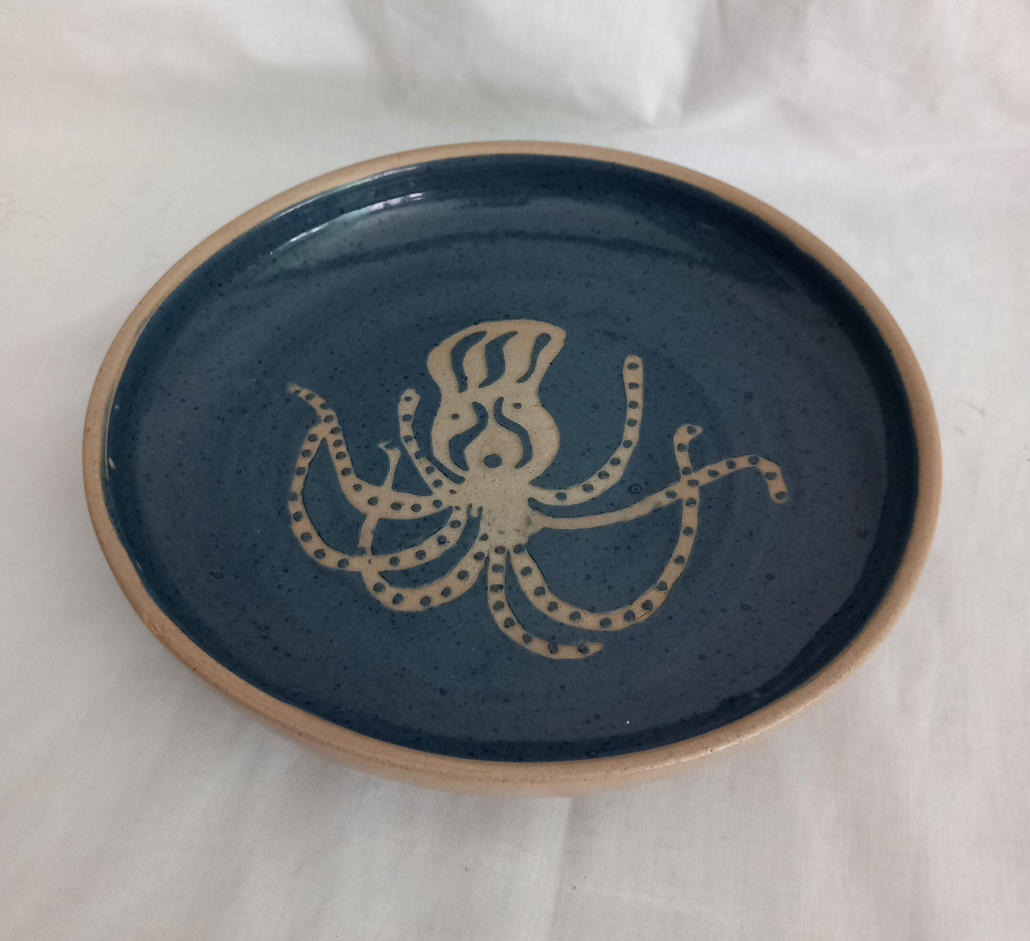 Studio Pottery Hand Made Bowl Octopus Design Blue Glaze Signed Grimwood 20.5cm