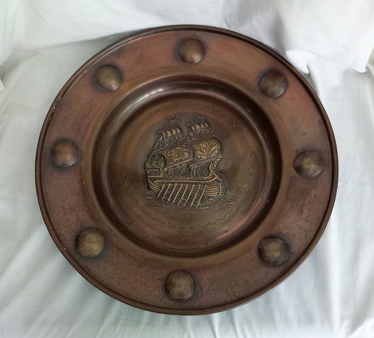 Arts and Crafts style brass wall charger with galleon ship design 18"