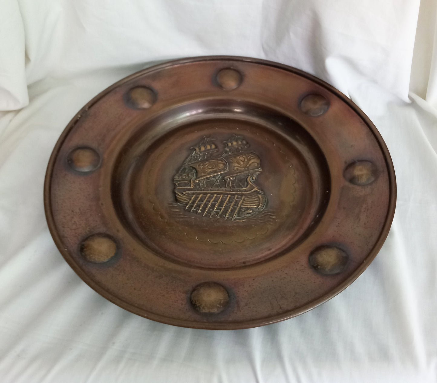 Arts and Crafts style brass wall charger with galleon ship design 18"