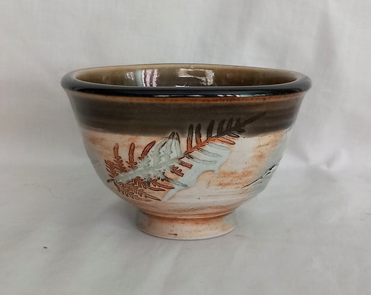 Studio pottery hand made bowl with fern design and green & brown glaze