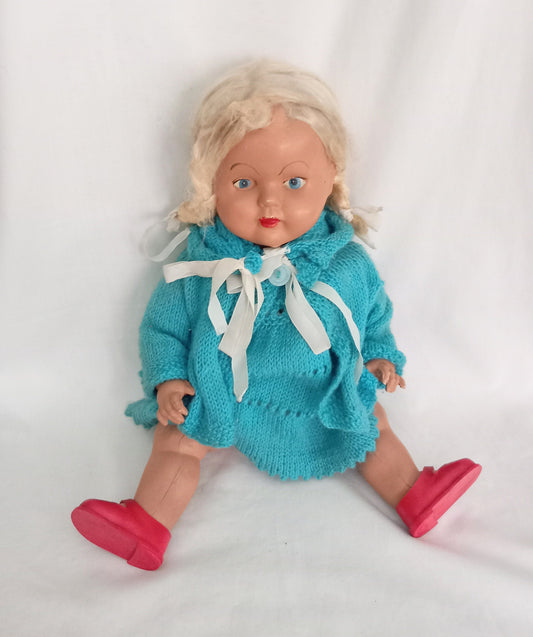 C1940s Jointed Composition Doll With Hand Made Outfit 14"