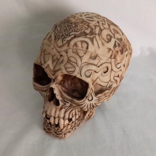 c2000 Nemesis Now Human Skull Lidded Pot With Tribal Art Tattoo, Life Size