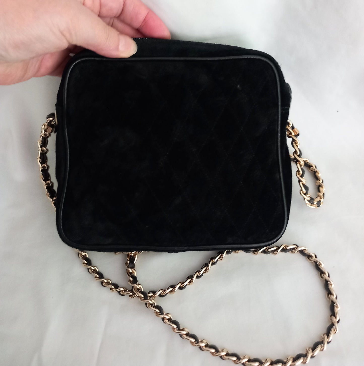 1980s Quilted Black & Gold Real Suede Chain Strap Shoulder Handbag
