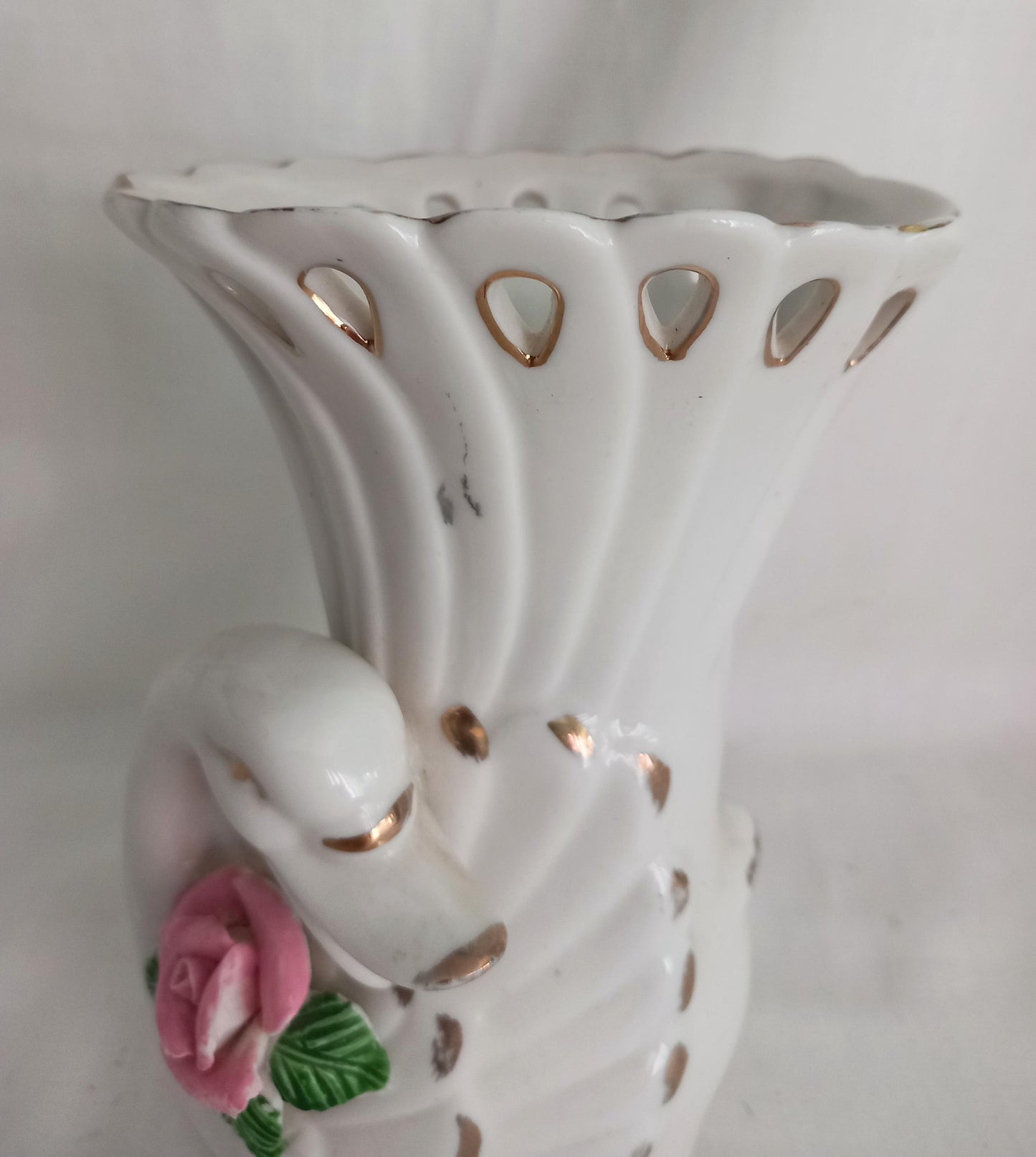 1980s Chinese White Ceramic Swan & Pink Flower Vase 6.5"