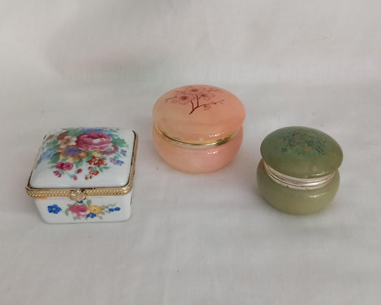 Vintage Pink & Green Alabaster Stone Italian Trinket Pots Flower Design 6cm + 1