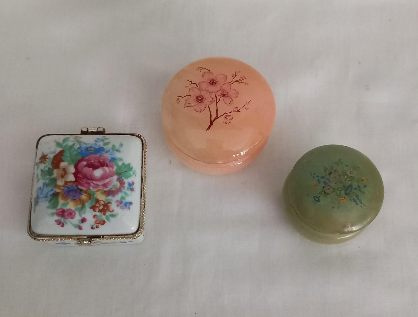Vintage Pink & Green Alabaster Stone Italian Trinket Pots Flower Design 6cm + 1