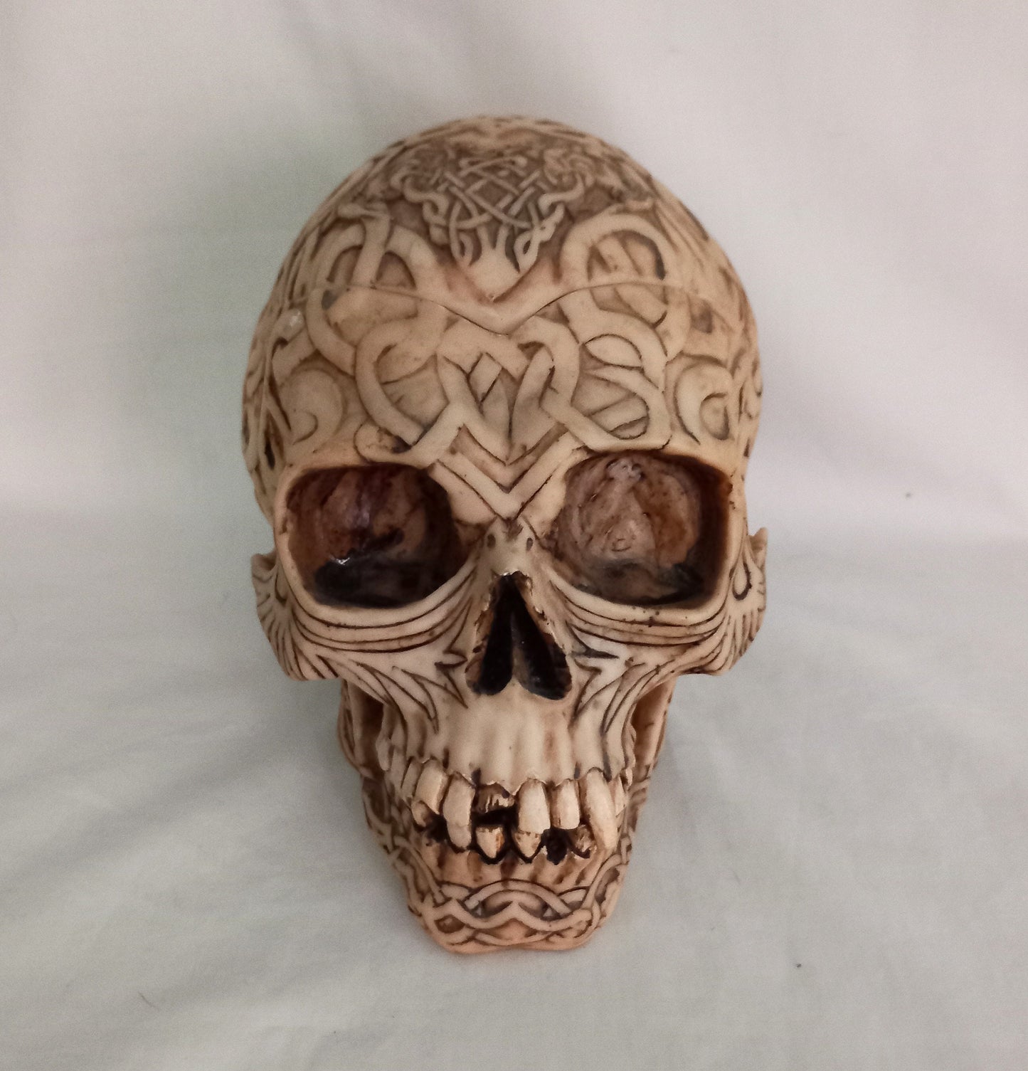 c2000 Nemesis Now Human Skull Lidded Pot With Tribal Art Tattoo, Life Size