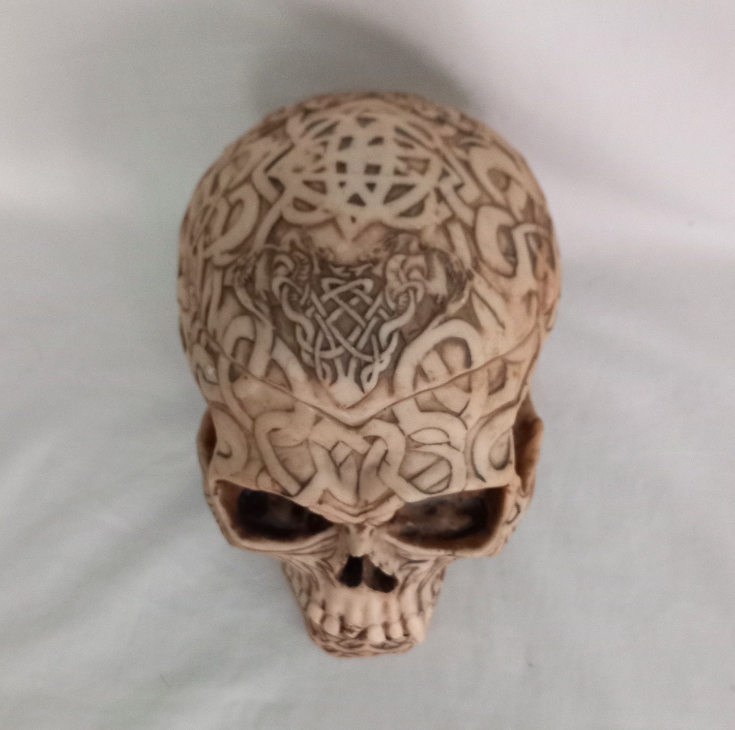 c2000 Nemesis Now Human Skull Lidded Pot With Tribal Art Tattoo, Life Size