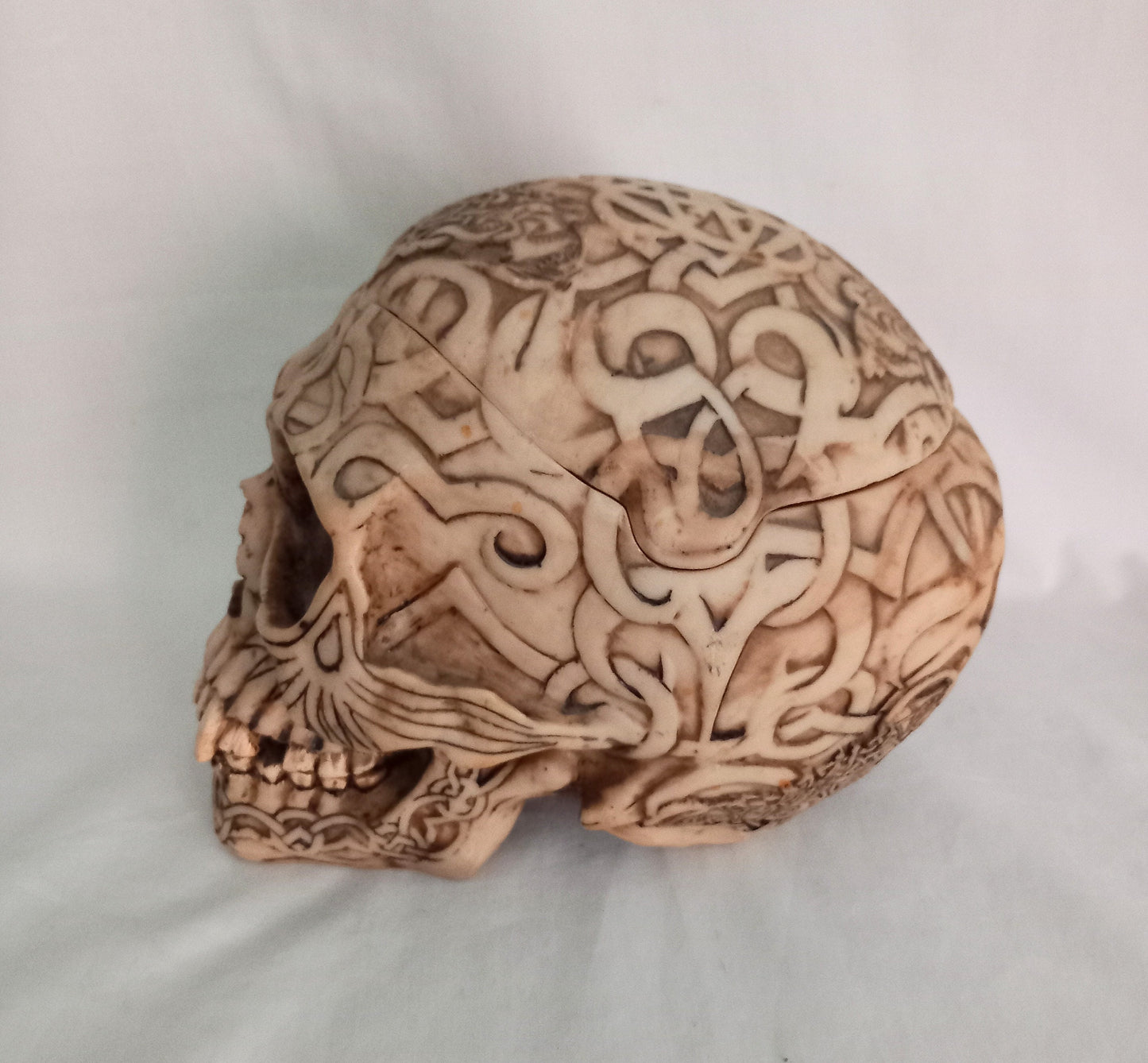 c2000 Nemesis Now Human Skull Lidded Pot With Tribal Art Tattoo, Life Size