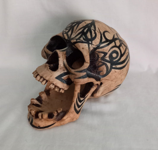 2002 Adam's Apple Screaming Human Skull Replica With Tribal Art Tattoo, Life Size