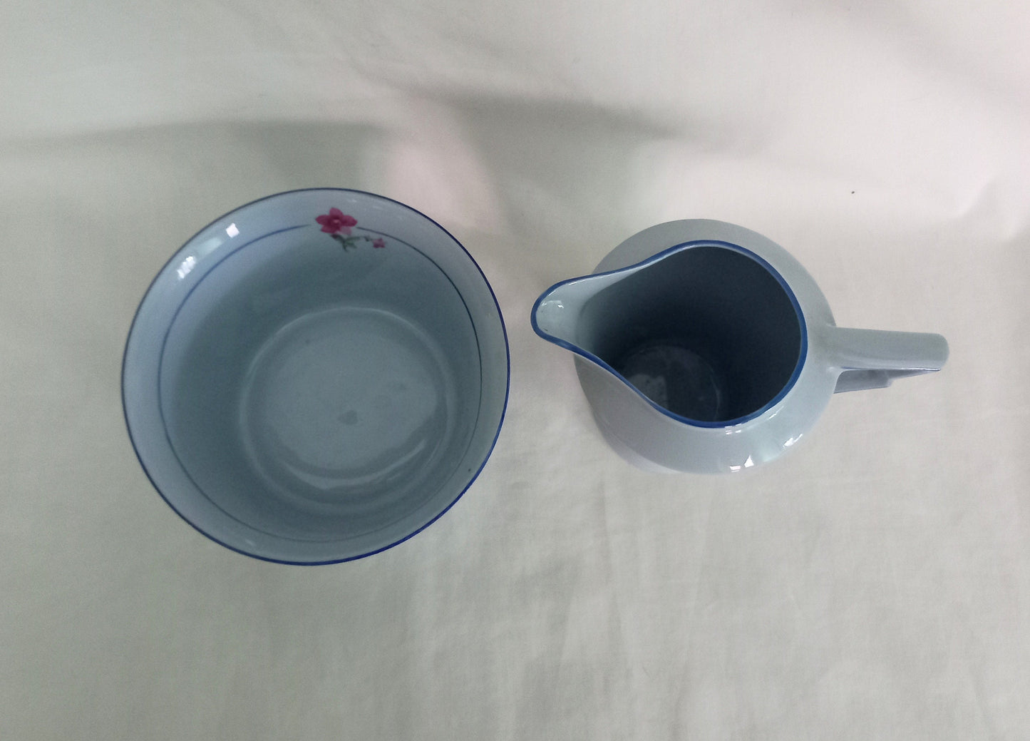 Art Deco blue cream jug and sugar bowl set with flower pattern