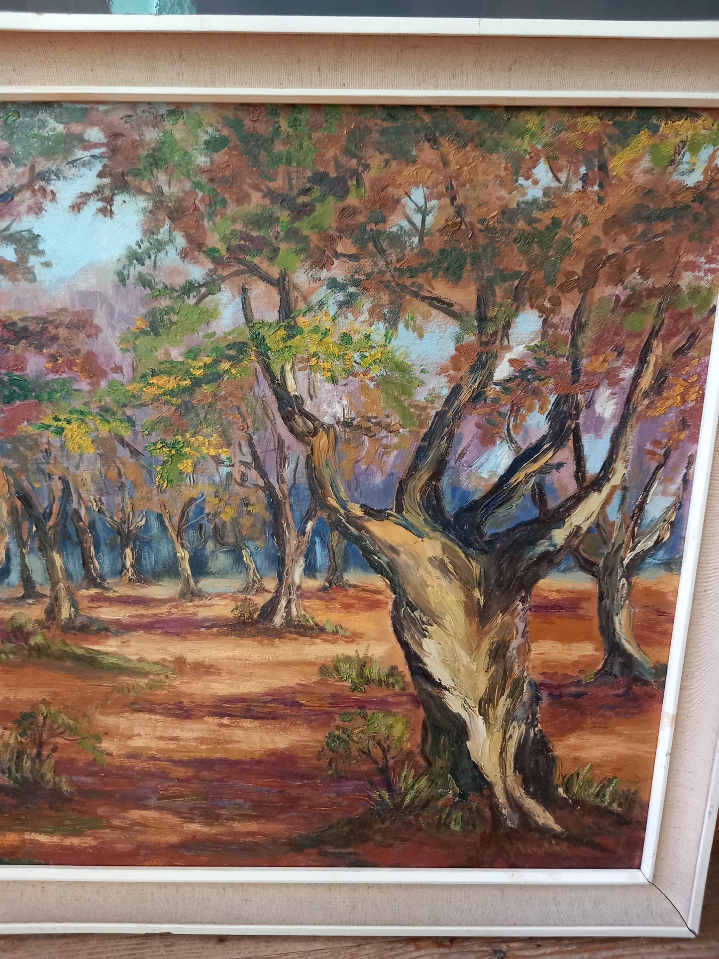 Mid Century forest scene oil painting Autumn In Essex by Ivy Venables