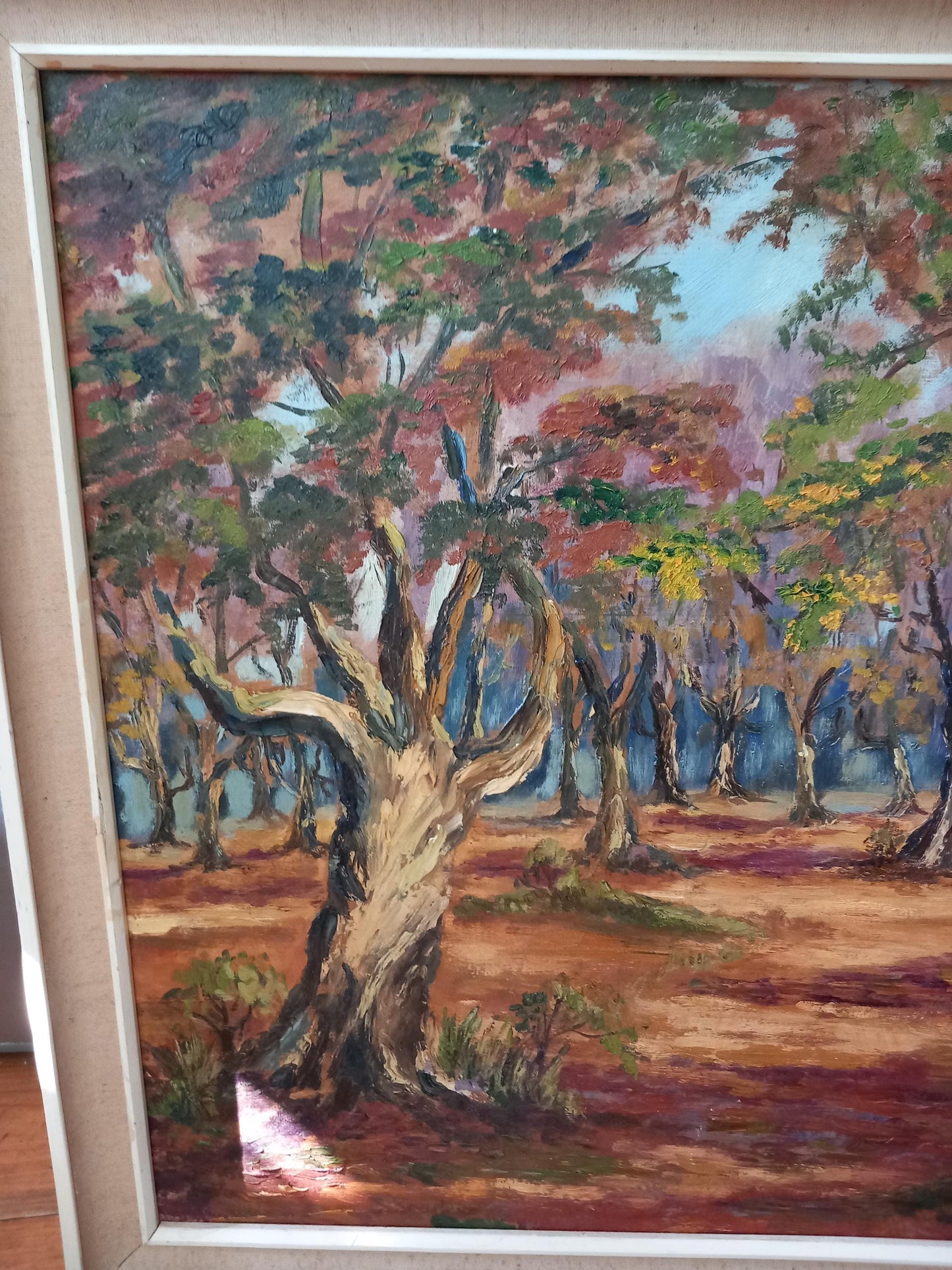 Mid Century forest scene oil painting Autumn In Essex by Ivy Venables