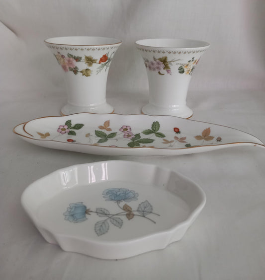 1980s Wedgwood China Lot Including Mirabelle Vases, Wild Strawberry & Ice Rose Trinket Dishes