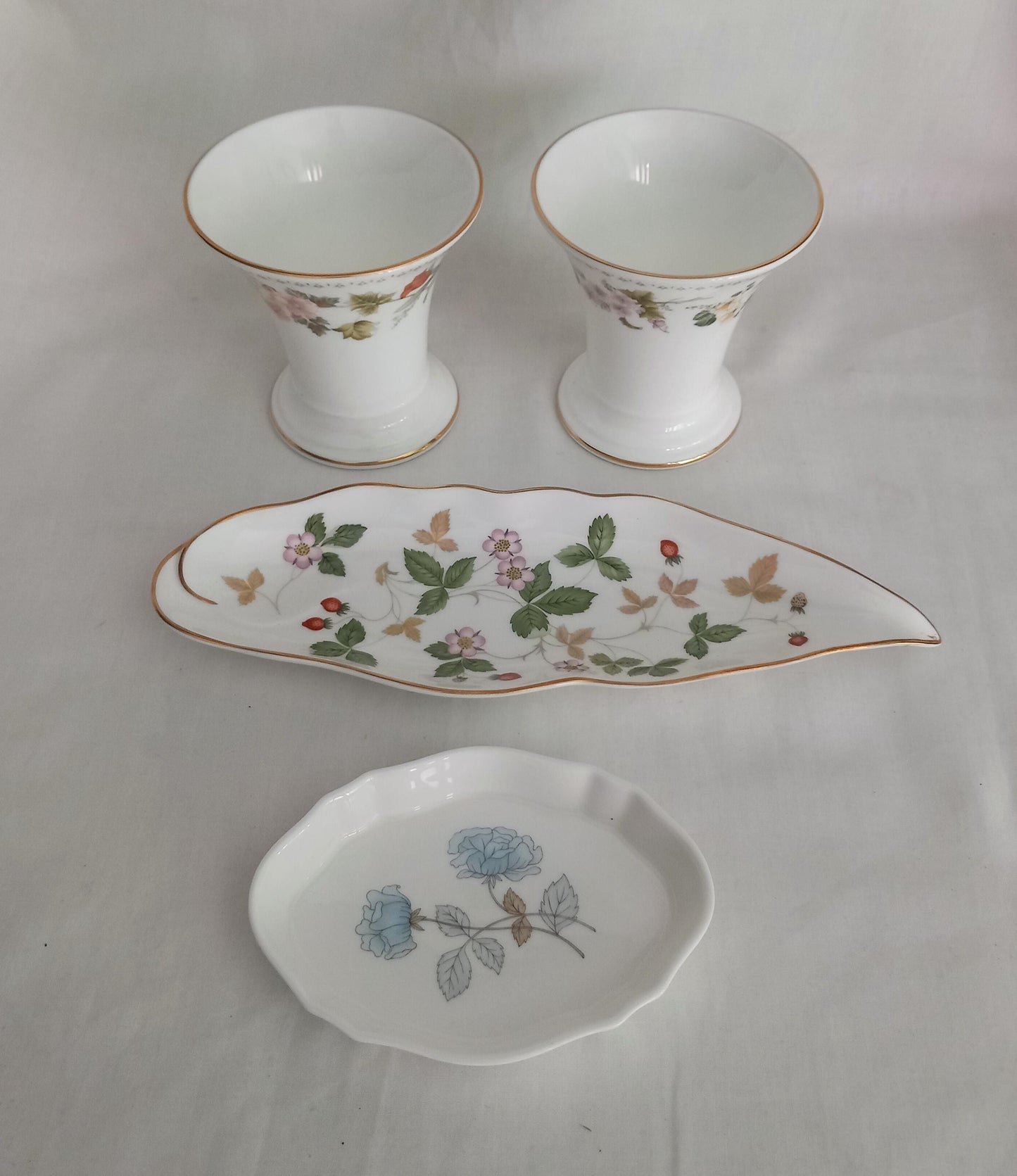 1980s Wedgwood China Lot Including Mirabelle Vases, Wild Strawberry & Ice Rose Trinket Dishes