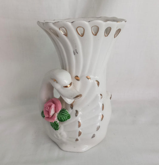 1980s Chinese White Ceramic Swan & Pink Flower Vase 6.5"