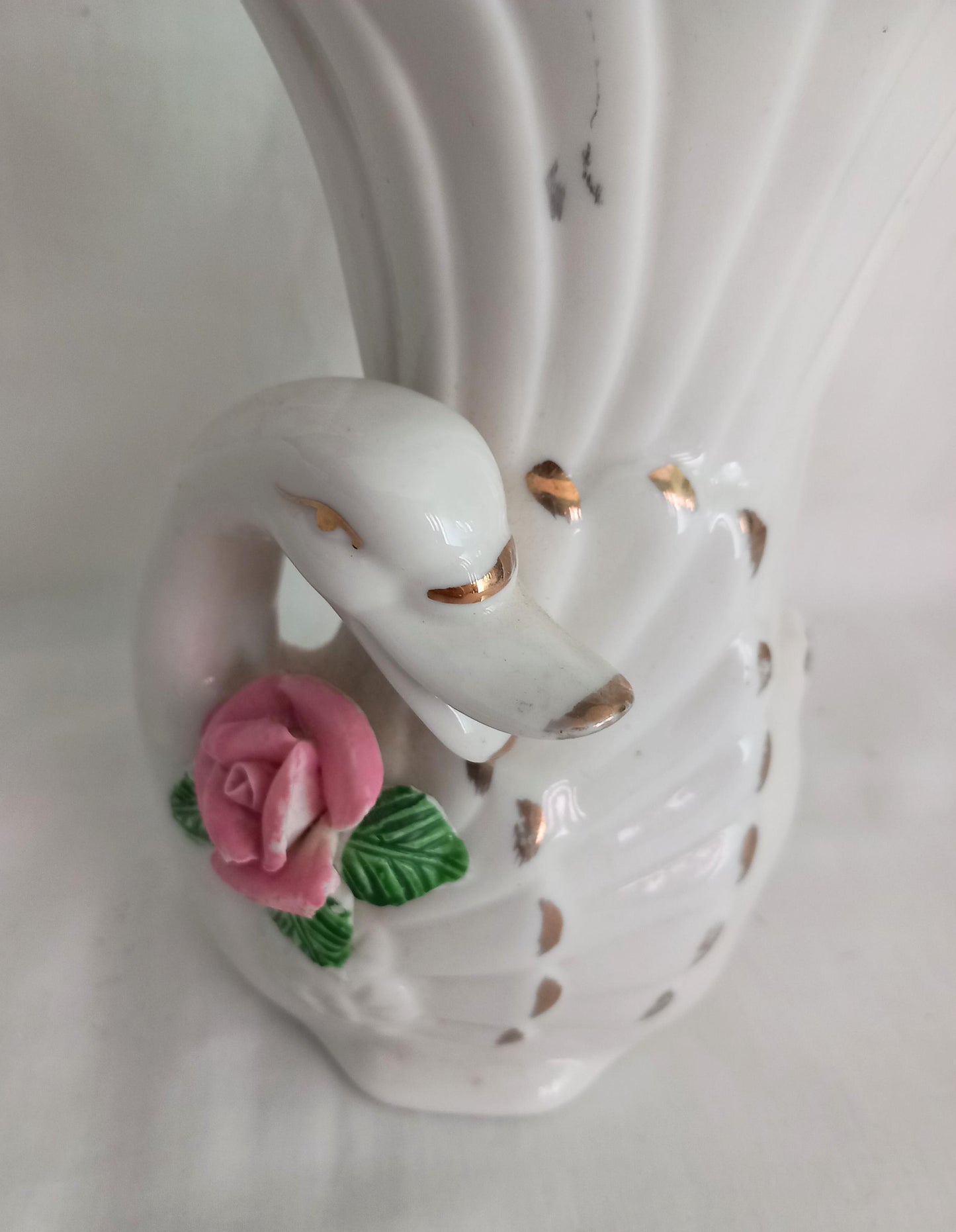 1980s Chinese White Ceramic Swan & Pink Flower Vase 6.5"