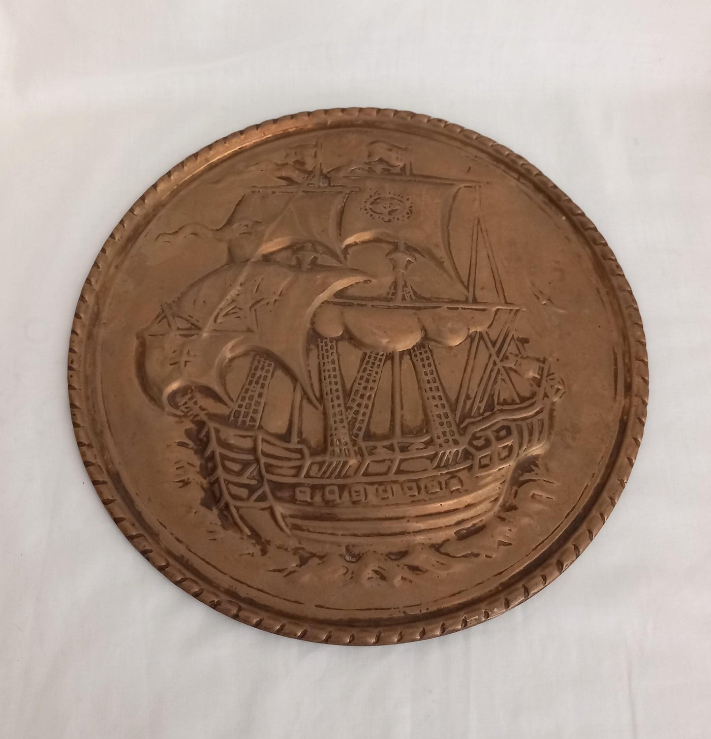 Arts and Crafts Style Brass Wall Plaque With Galleon Ship Design 11"