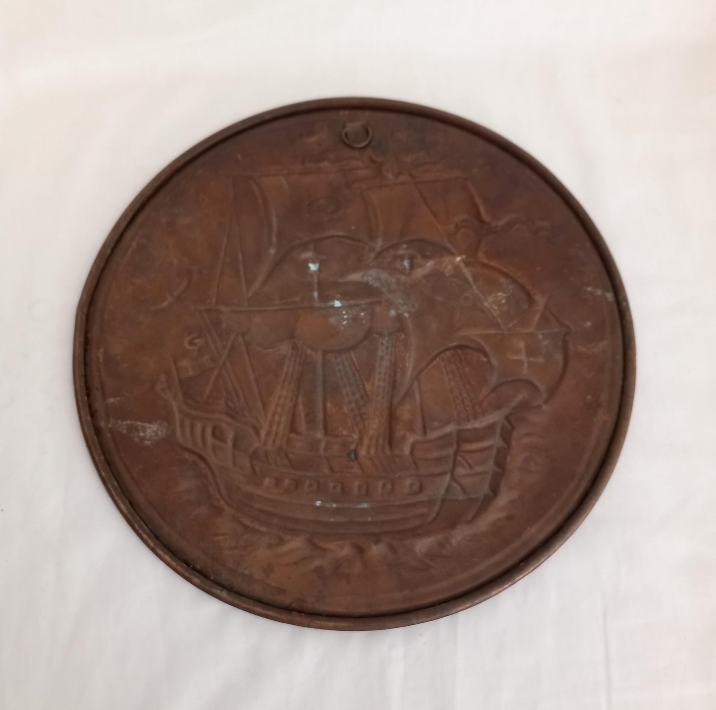 Arts and Crafts Style Brass Wall Plaque With Galleon Ship Design 11"