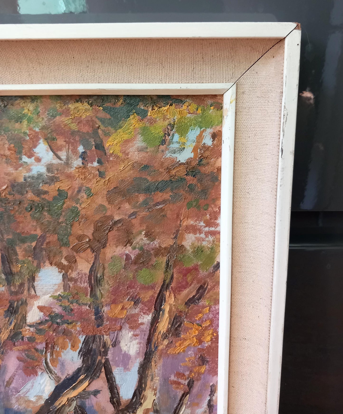 Mid Century forest scene oil painting Autumn In Essex by Ivy Venables