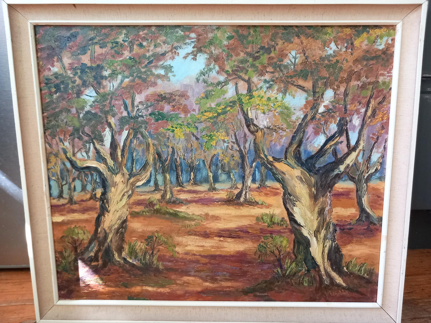 Mid Century forest scene oil painting Autumn In Essex by Ivy Venables