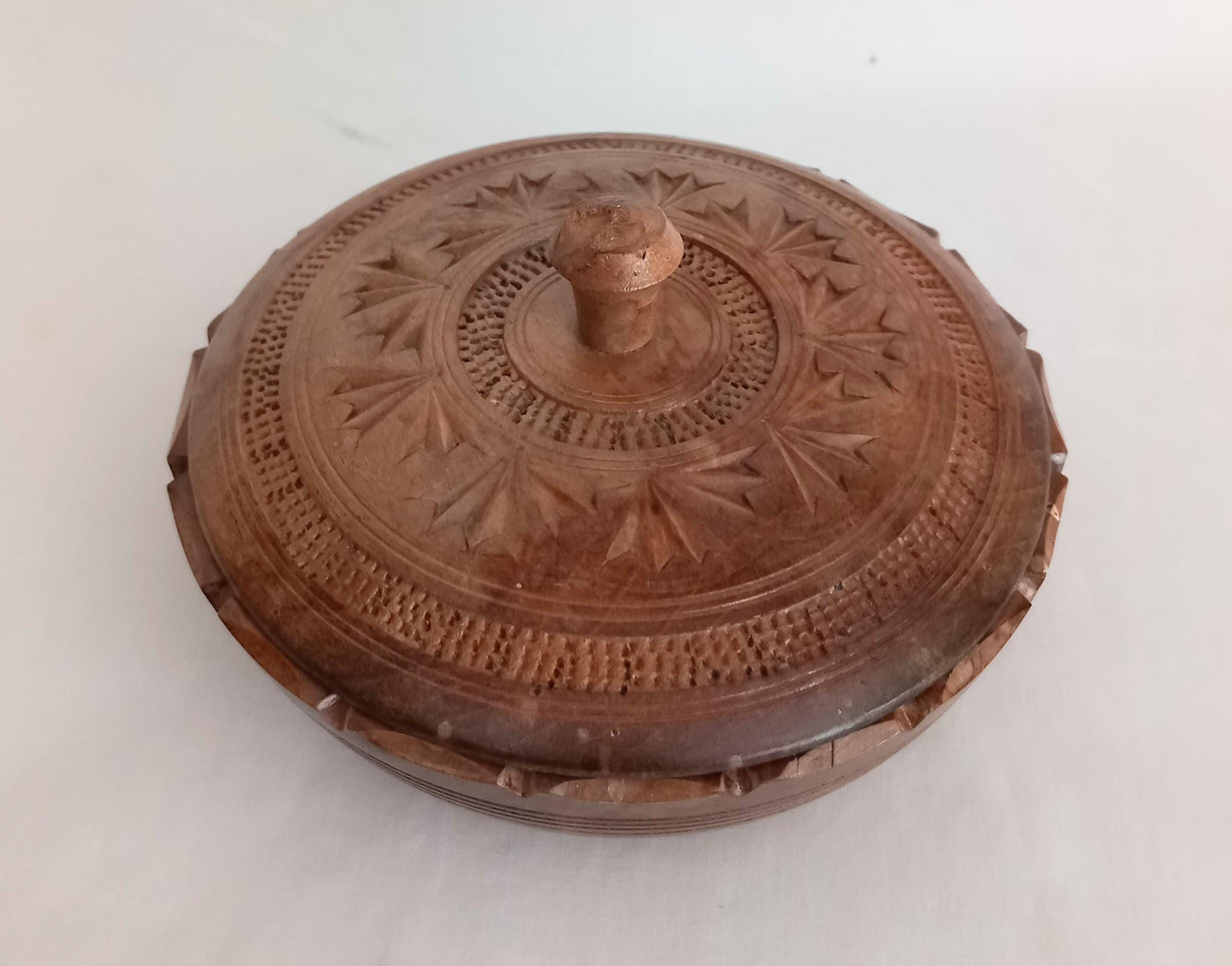 Vintage Indian carved wood trinket pot with lid