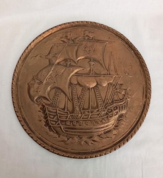 Arts and Crafts Style Brass Wall Plaque With Galleon Ship Design 11"