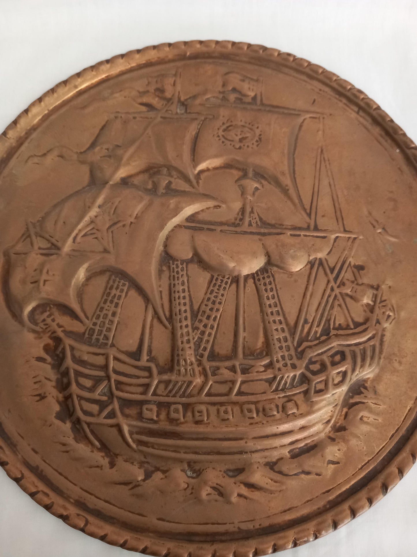 Arts and Crafts Style Brass Wall Plaque With Galleon Ship Design 11"