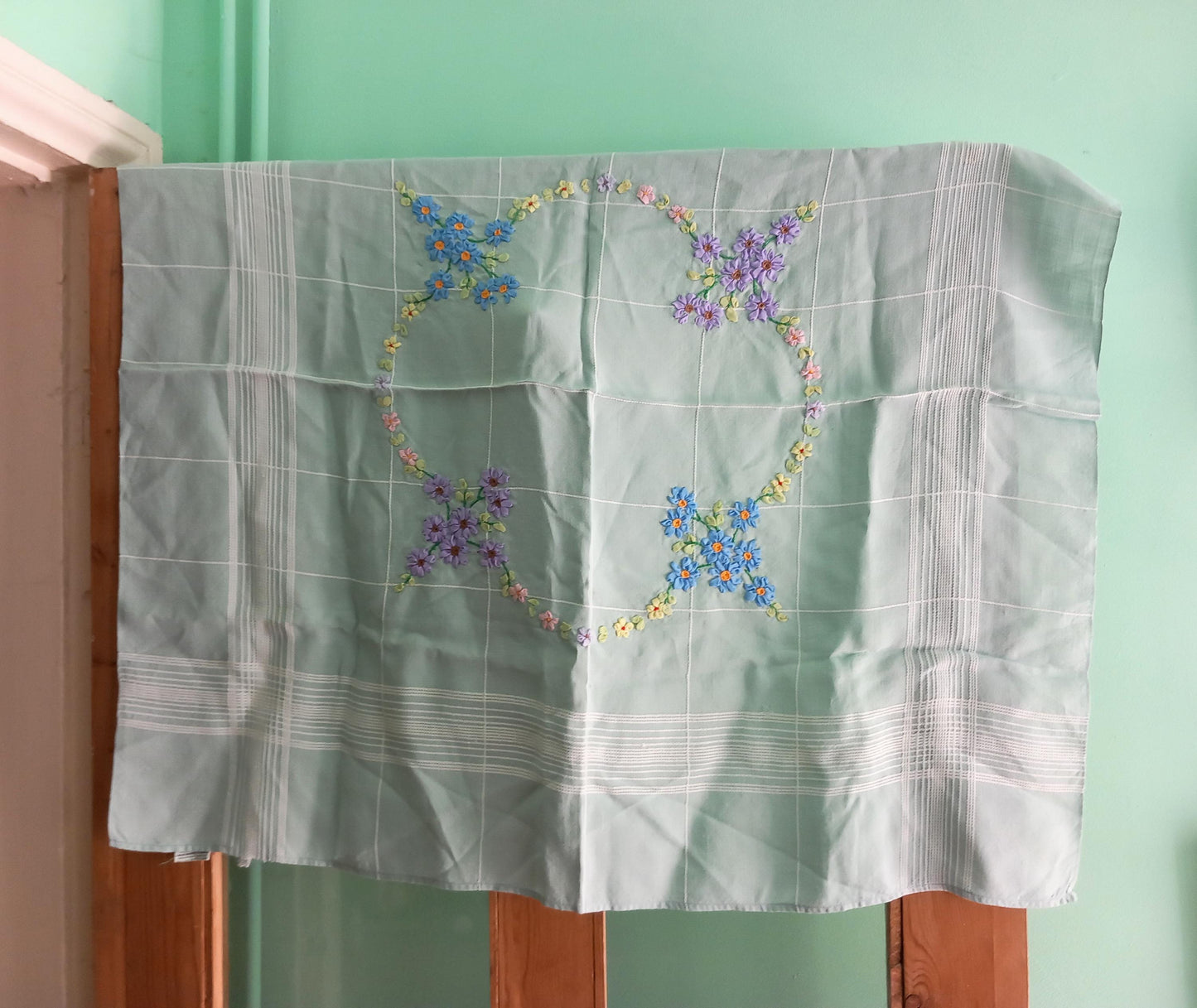 Vintage Mid Century Dunmou Blue tablecloth With Textured Flowers 34.5 X 33.5"