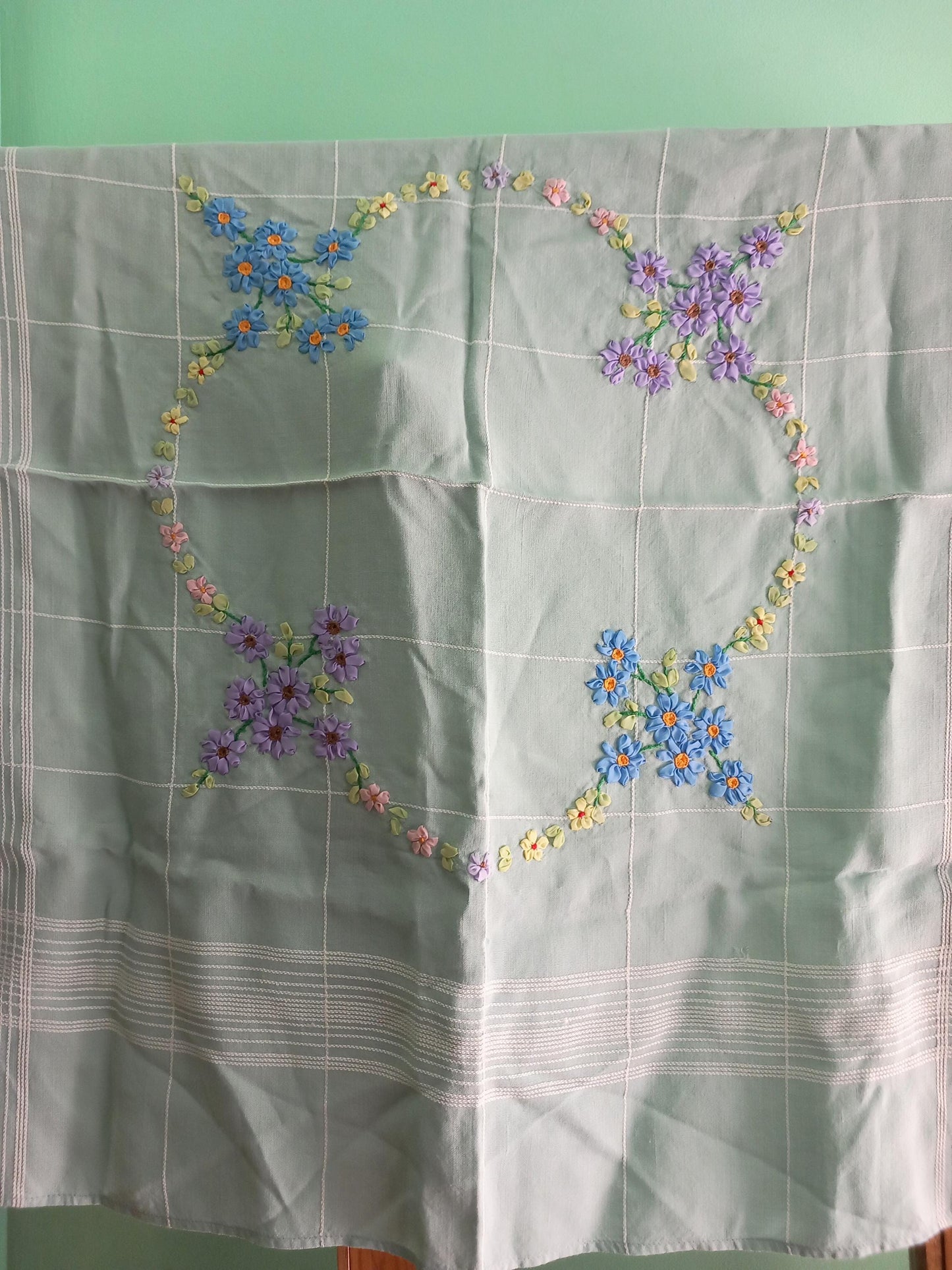 Vintage Mid Century Dunmou Blue tablecloth With Textured Flowers 34.5 X 33.5"