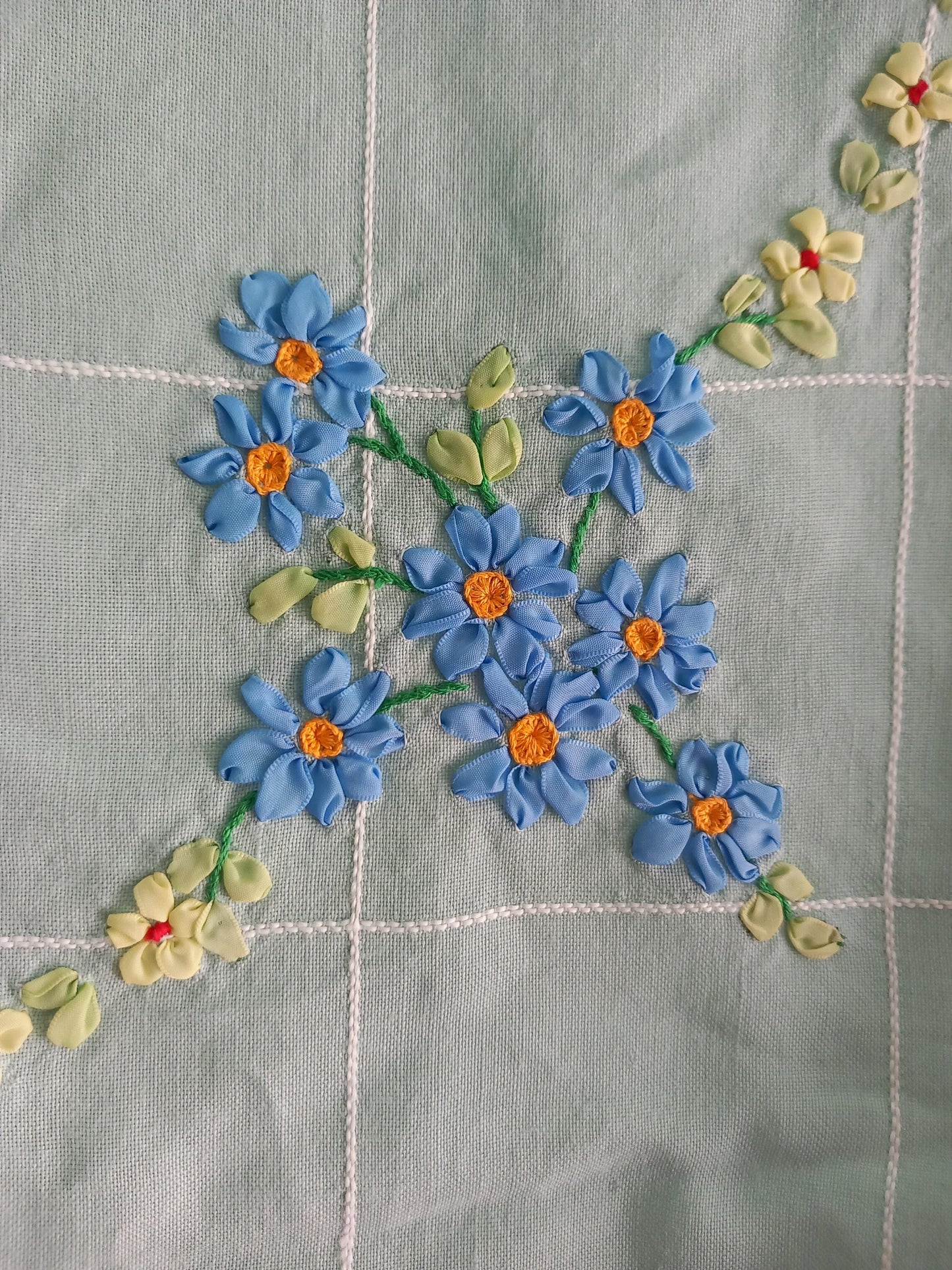 Vintage Mid Century Dunmou Blue tablecloth With Textured Flowers 34.5 X 33.5"