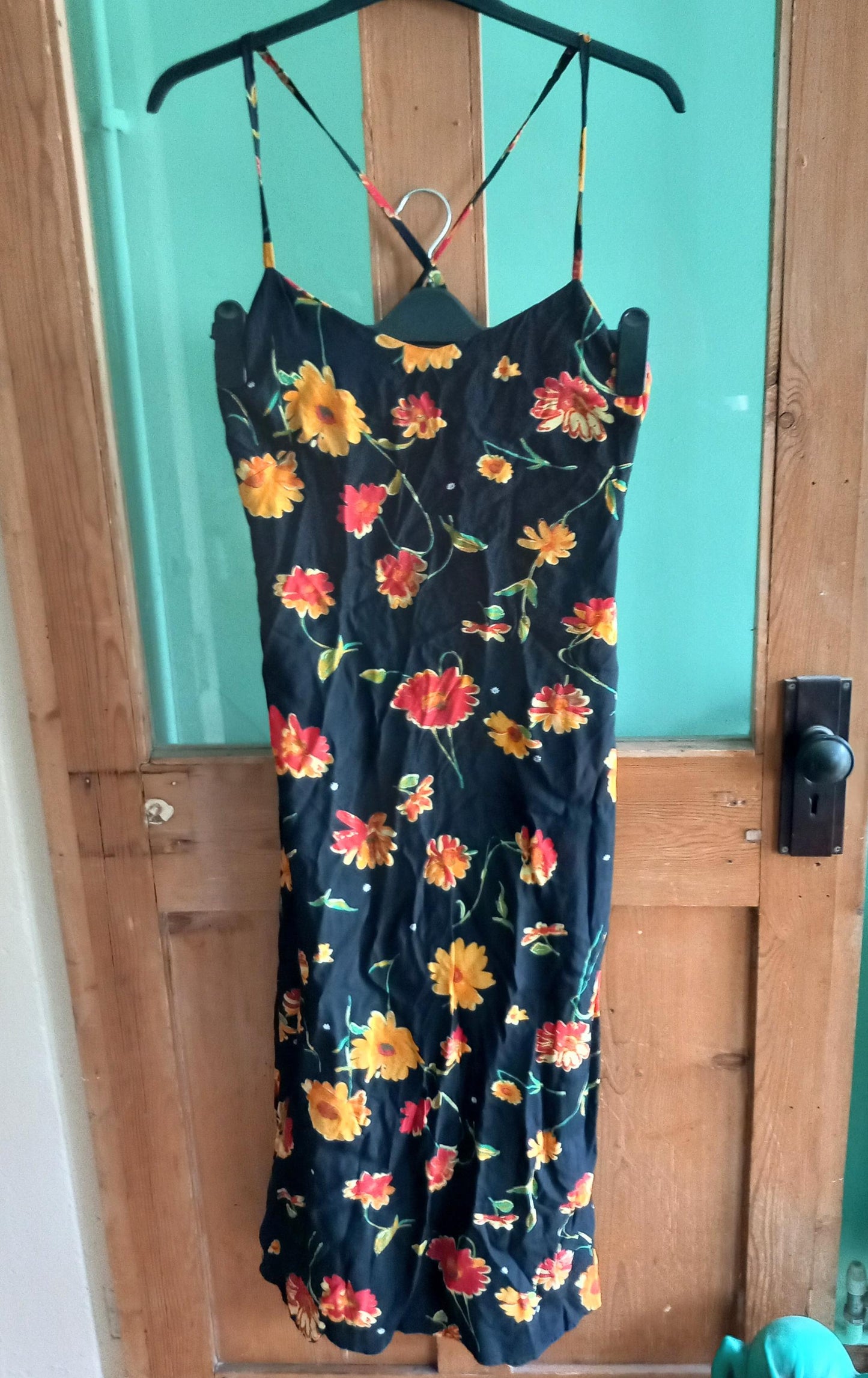 1990s Black & Orange Flower Print Summer Midi dress 10 12