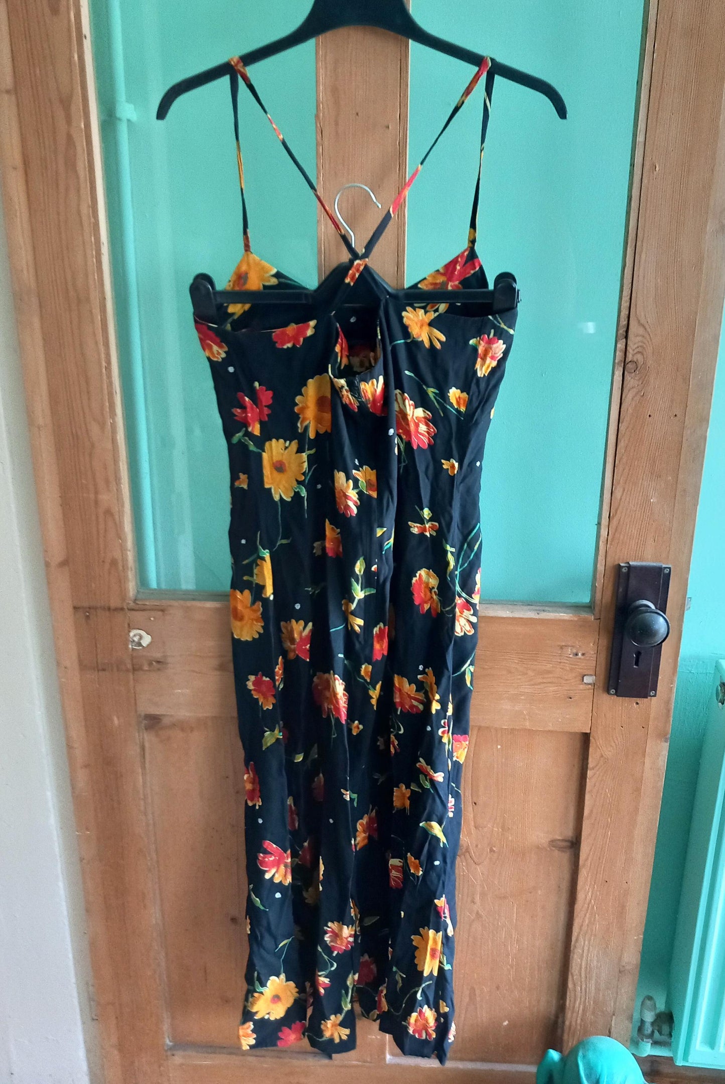 1990s Black & Orange Flower Print Summer Midi dress 10 12