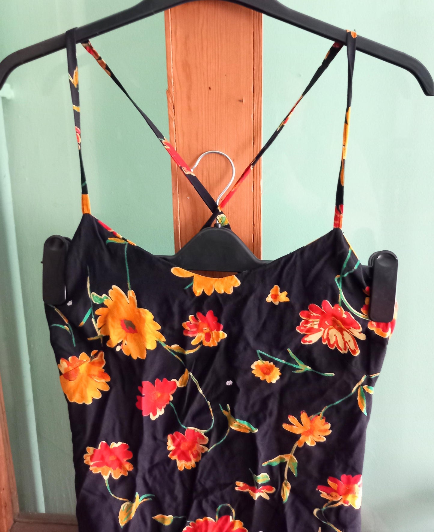 1990s Black & Orange Flower Print Summer Midi dress 10 12