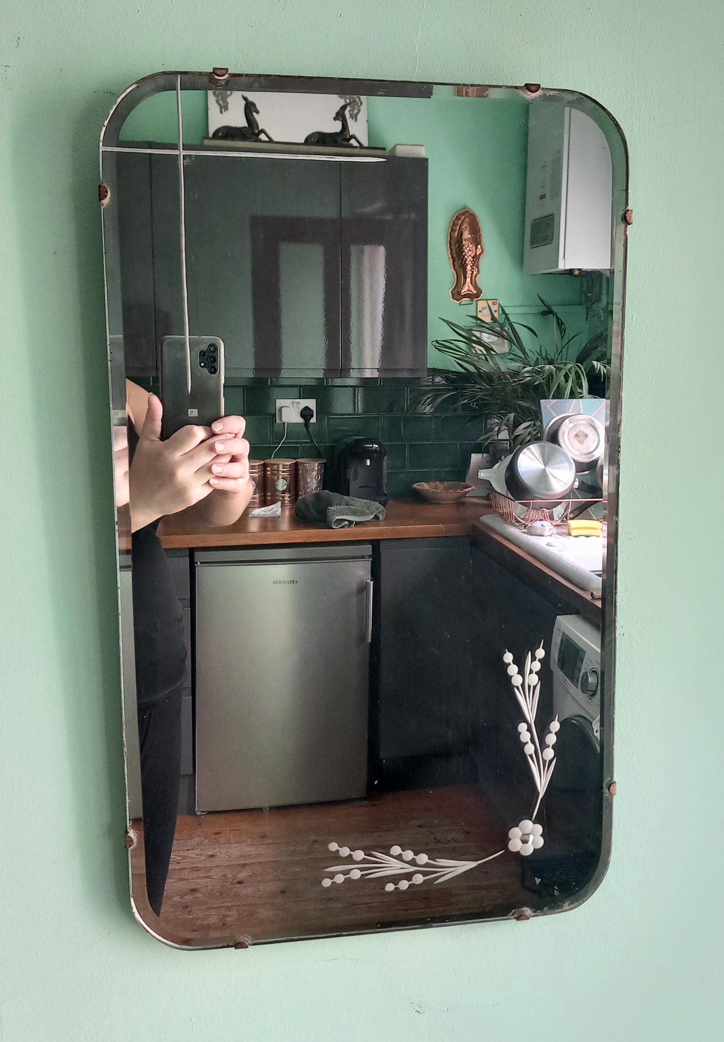 Art Deco Style 1940s Etched Flower Design Wooden Back Wall Mirror 22"