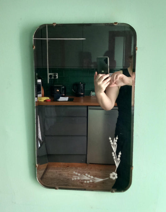 Art Deco Style 1940s Etched Flower Design Wooden Back Wall Mirror 22"