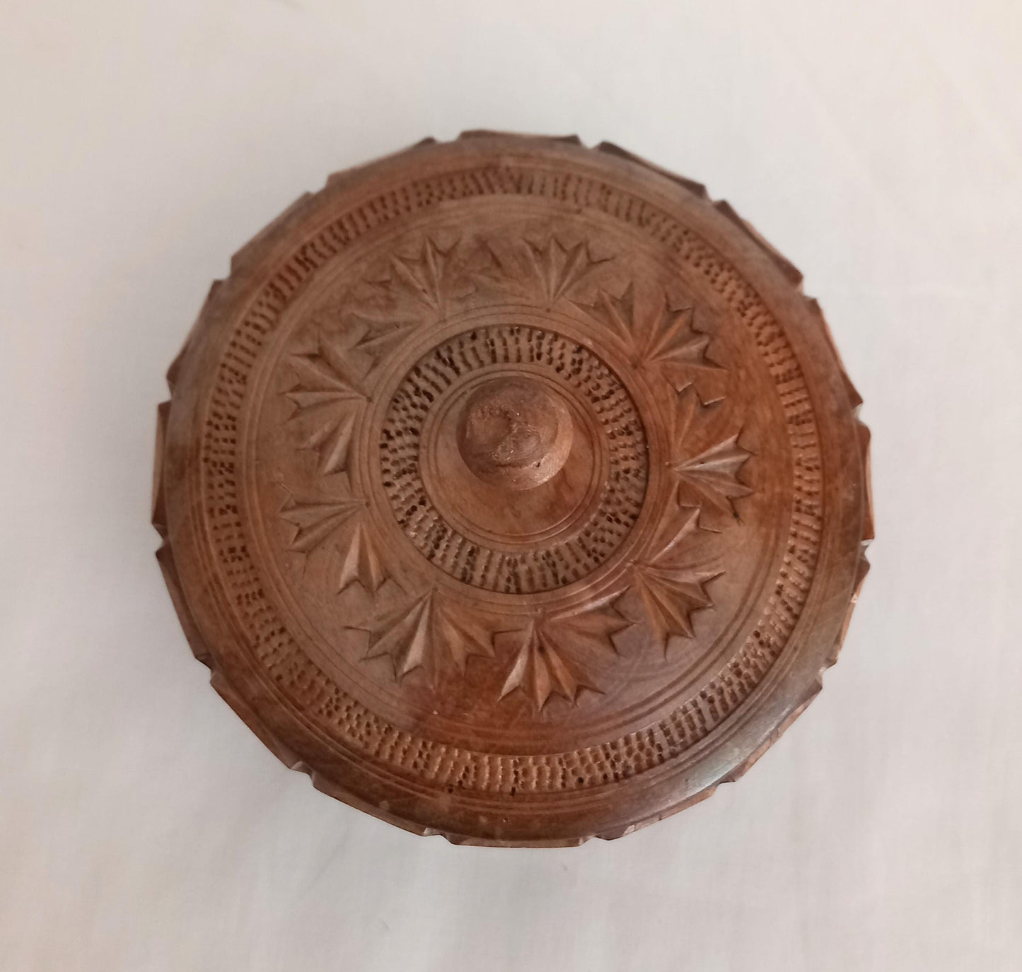 Vintage Indian carved wood trinket pot with lid