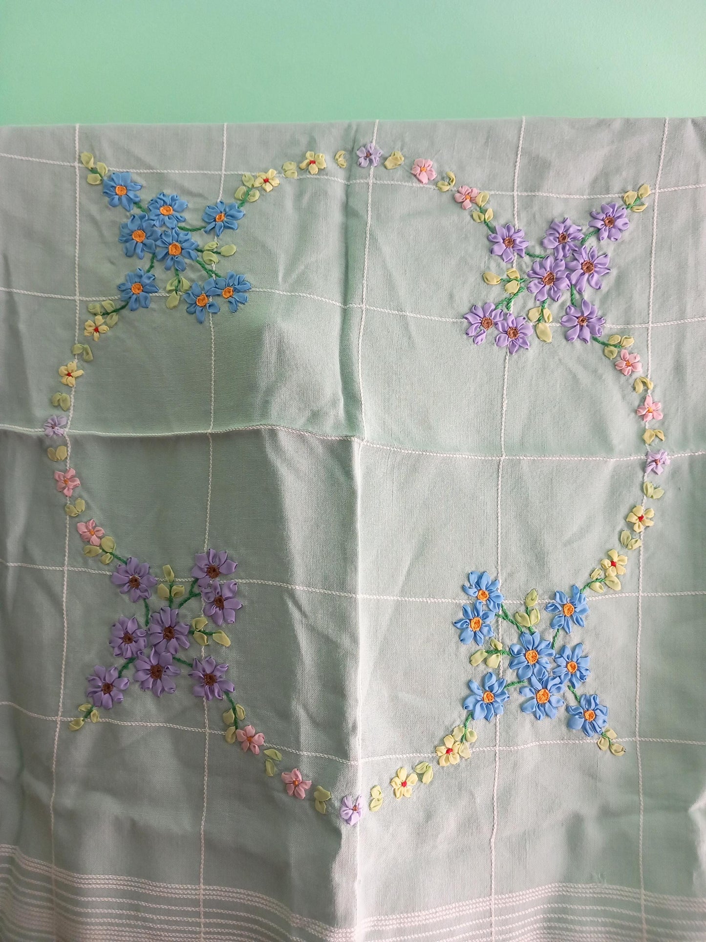 Vintage Mid Century Dunmou Blue tablecloth With Textured Flowers 34.5 X 33.5"