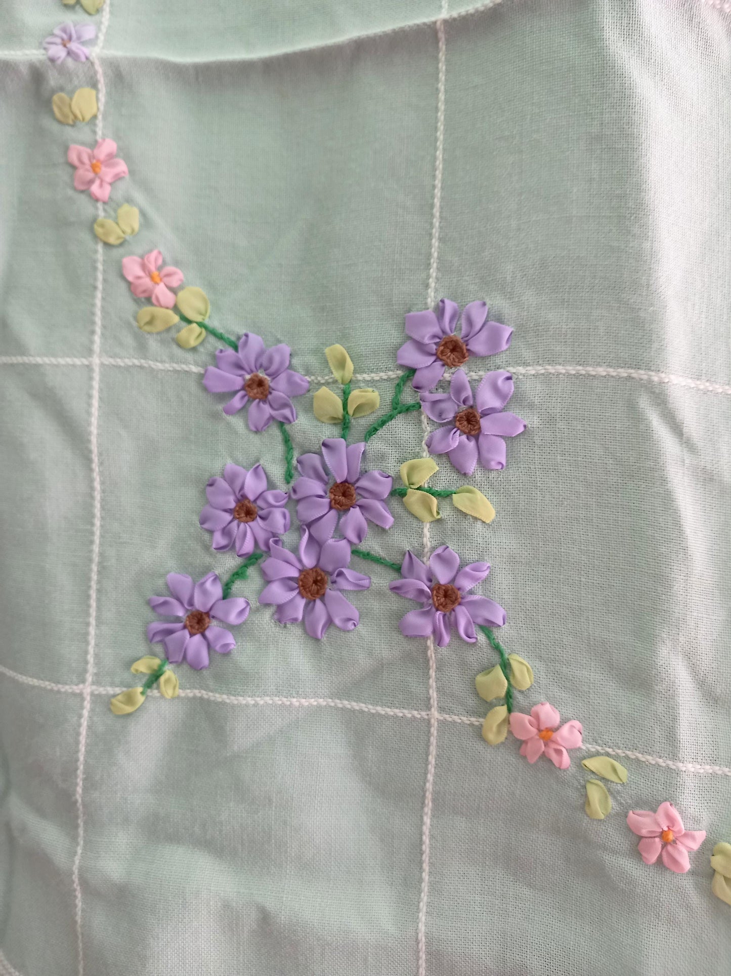 Vintage Mid Century Dunmou Blue tablecloth With Textured Flowers 34.5 X 33.5"
