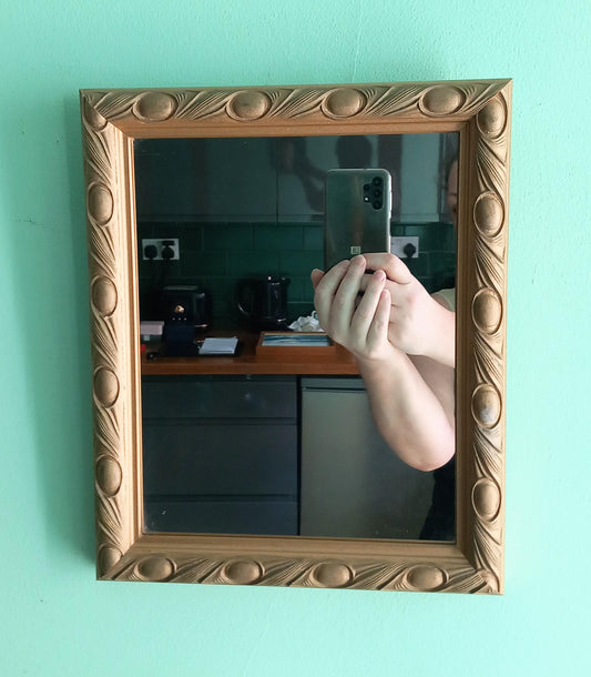 1980s Gold Peacock Feather Design Resin framed wall mirror 11.5"