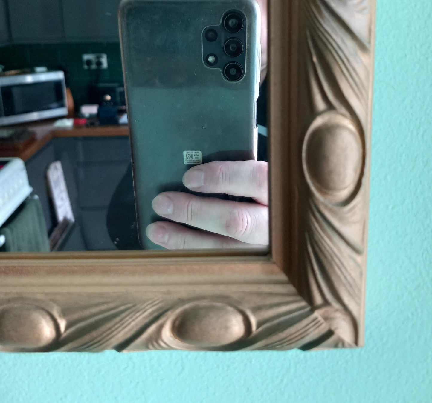 1980s Gold Peacock Feather Design Resin framed wall mirror 11.5"
