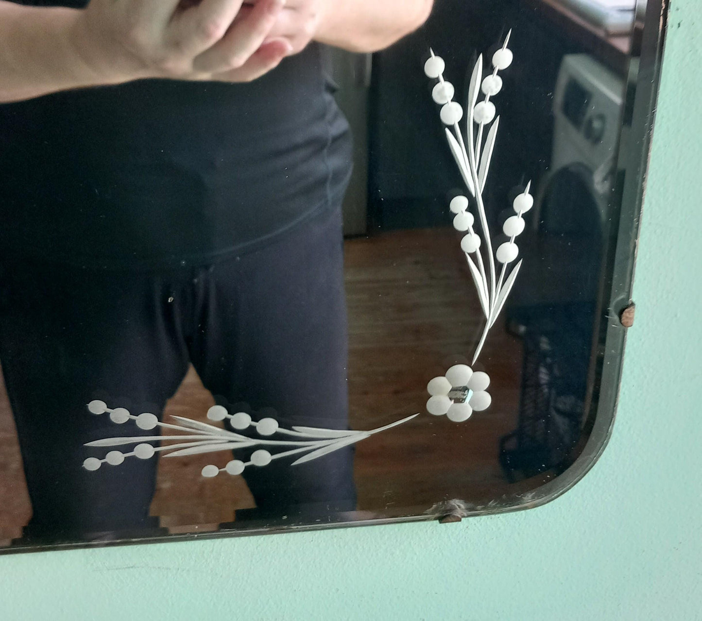 Art Deco Style 1940s Etched Flower Design Wooden Back Wall Mirror 22"