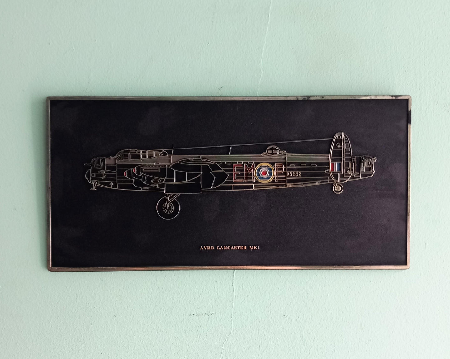 Mid century Lancaster aeroplane wall plaque in black and gold