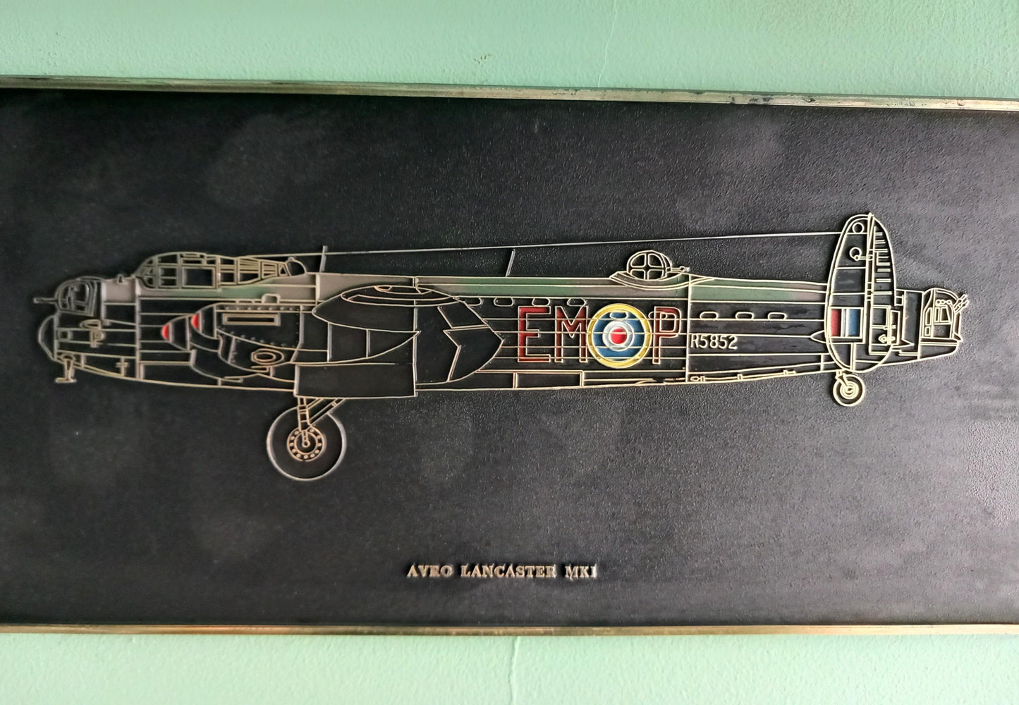 Mid century Lancaster aeroplane wall plaque in black and gold