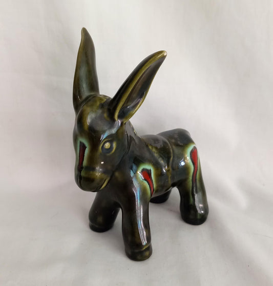 Mid century green and red lava glaze donkey statue