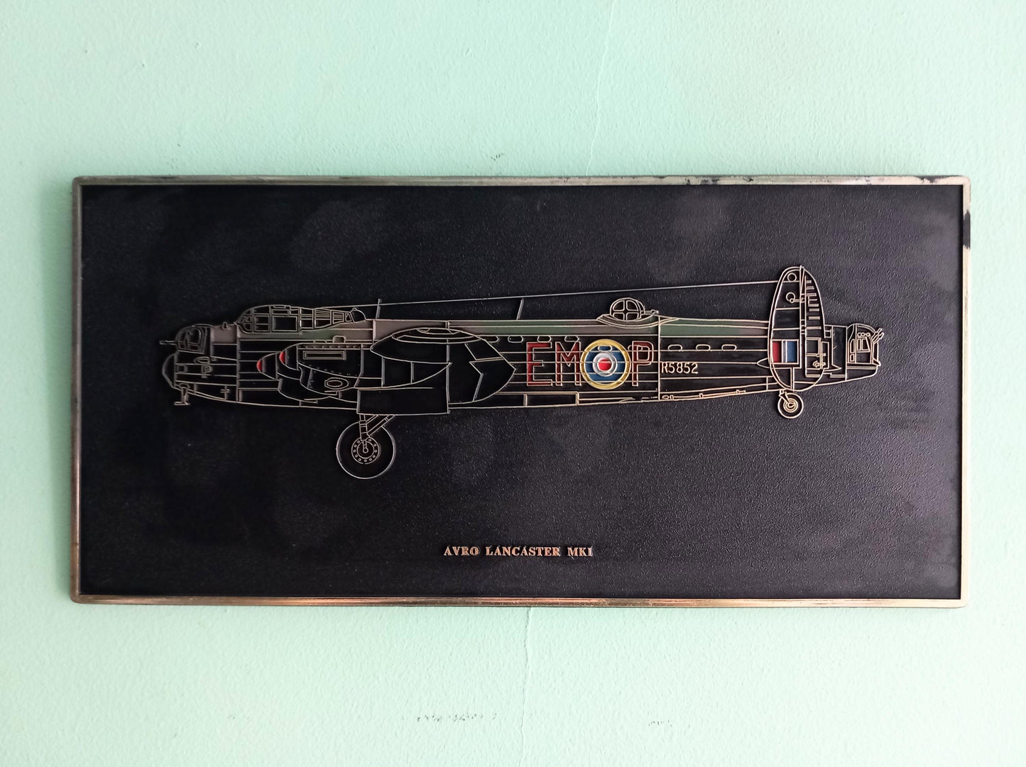 Mid century Lancaster aeroplane wall plaque in black and gold