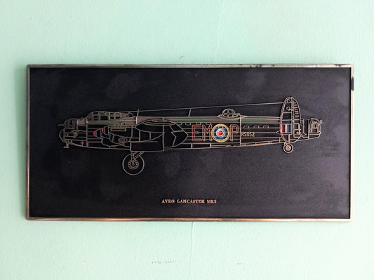 Mid century Lancaster aeroplane wall plaque in black and gold