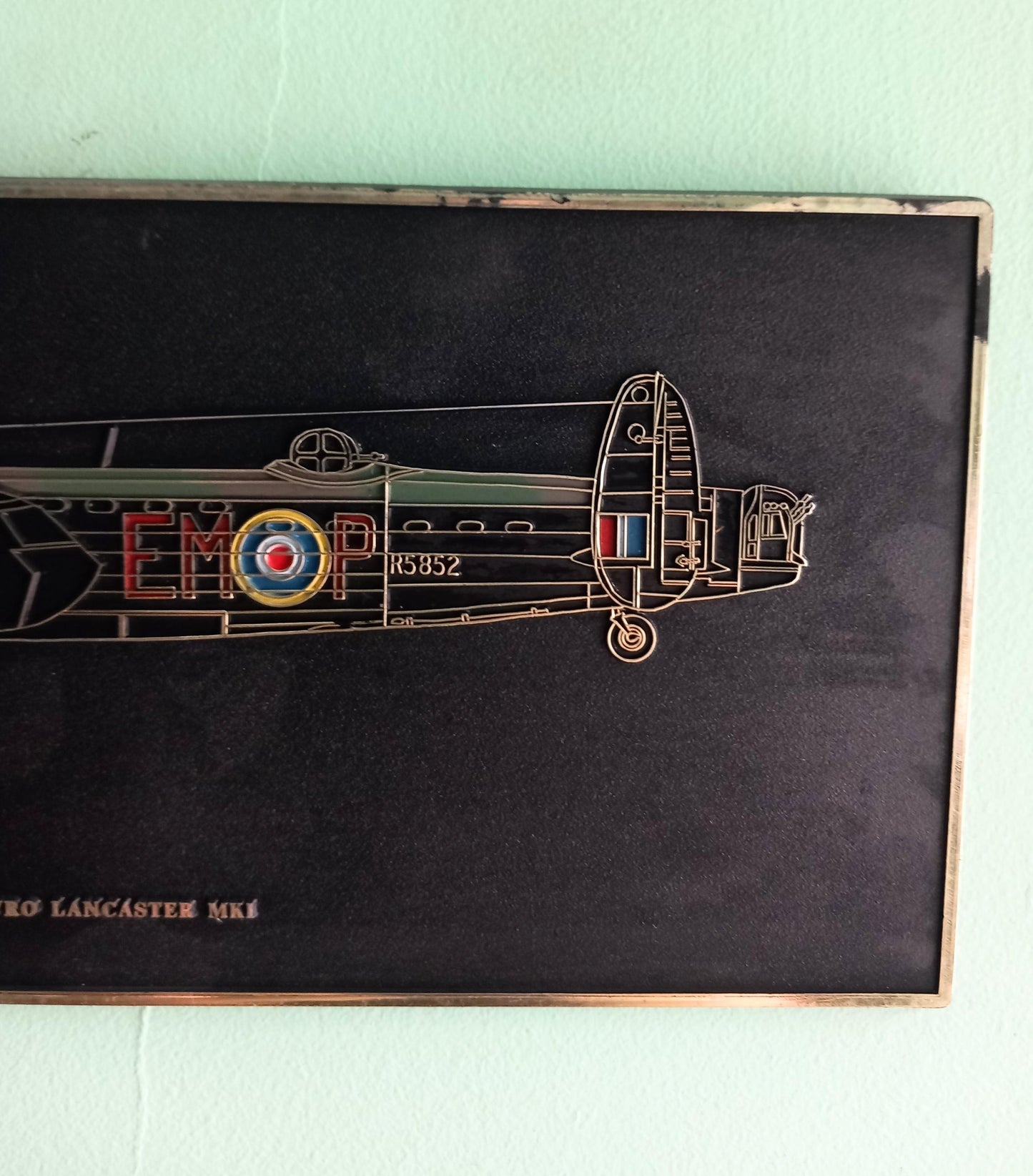 Mid century Lancaster aeroplane wall plaque in black and gold